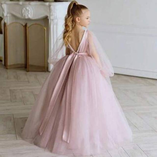 SHEIN Tween Girl Deep V-Back Pearl Mesh Tulle Party Dress, Princess Style Suitable For Birthday, Party, Flower Girl, Wedding, Formal Occasion, Holiday Outfi