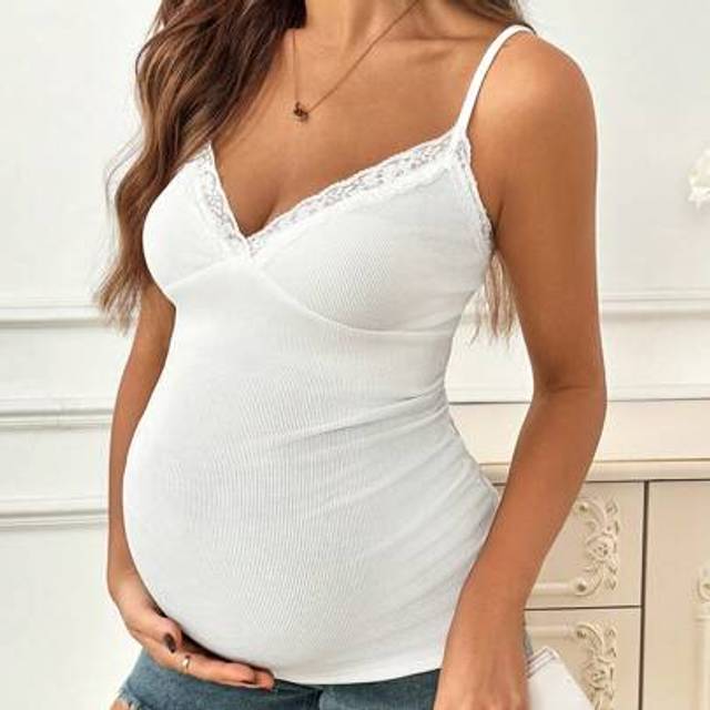 SHEIN Maternity Solid Color Lace Patchwork Summer Casual Camisole,Maternity Clothes