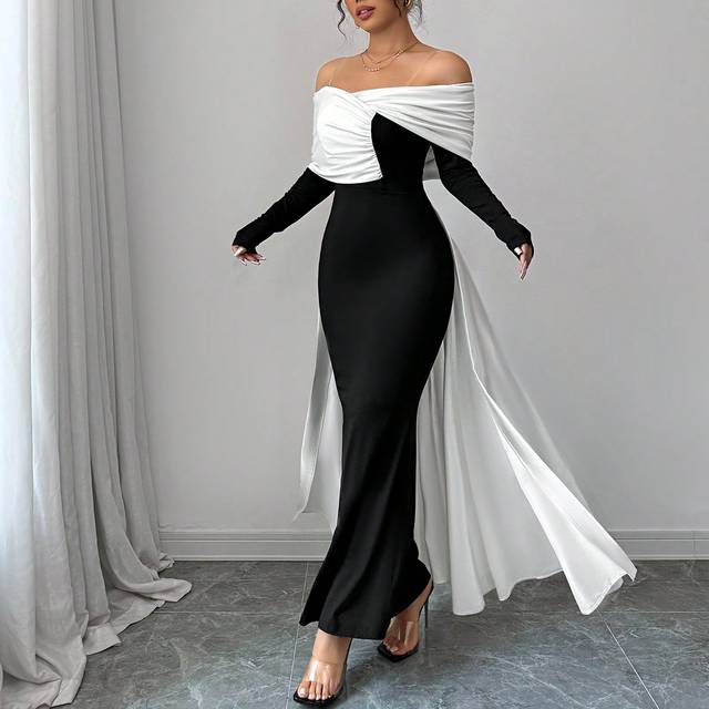 Firerie Women Elegant Sexy Off-Shoulder Color Block Evening Long Sleeve Dress, Black And White Bodycon Dress,Princess Tight Long Dress For Party & Gathering,