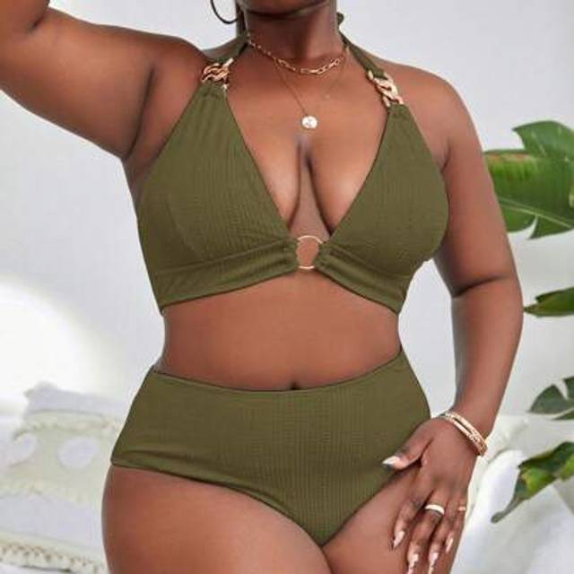 SHEIN Plus Size Women 2pcs Solid Color Tankini Set, Fashionable Casual Swimsuit For Resort