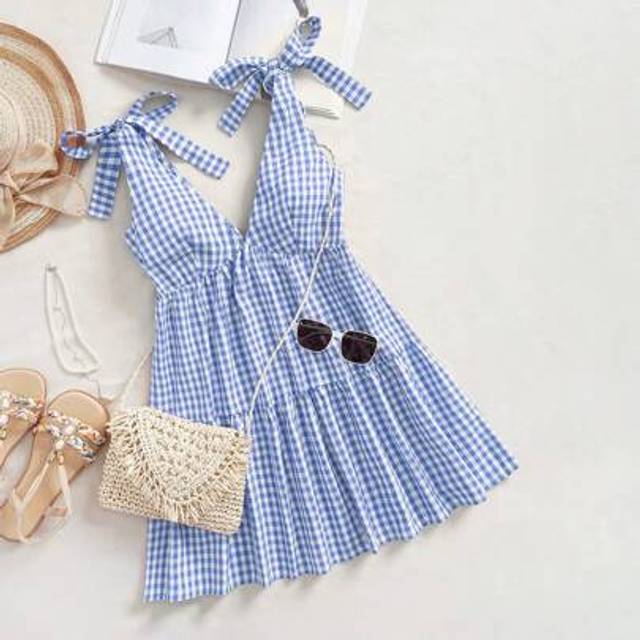 Comfortcana Women&#39;s Checkered Shoulder Tie Ruffle Hem Mini Dress For Summer Bow Dress