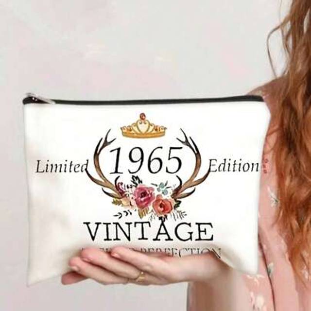 SHEIN 1pc GevGuxLuo 60th Birthday Makeup Bag For Women - Vintage 1965 Floral & Crown Design Cosmetic Travel Bag, Lightweight Foldable Zipper Closure Gift Fo