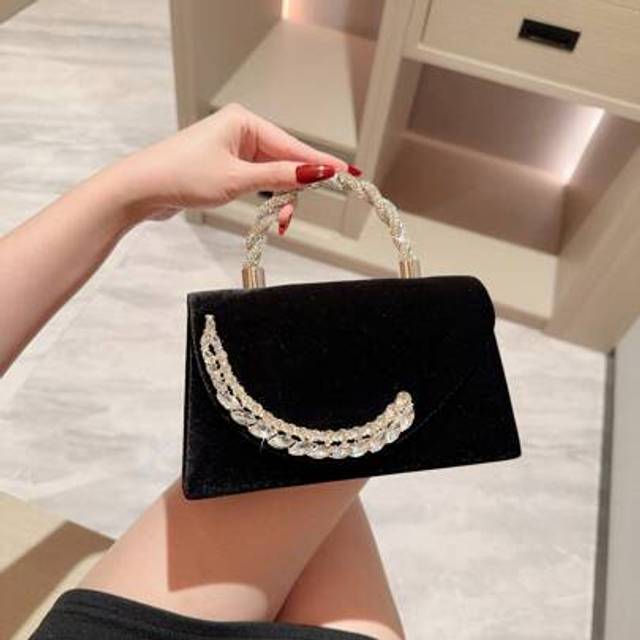 SHEIN 1pc Glamorous Sparkling Rhinestone & Feather Decor Flap Clutch Bag, Luxurious Diamond Evening Handbag For Formal Party/Wedding, Vintage Velvet Mini Cl