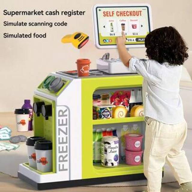 SHEIN Children&#39;s Toy Supermarket Cash Register With Realistic Coffee & Sweets, Scanning, Swiping Card Payment Functionality, Role Play Toy, Miniature Fast F
