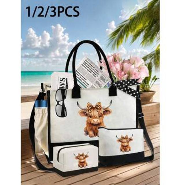 SHEIN Cute Highland Cow Themed Tote Bag Set With Bow Leopard Design,Highland Cow Pattern Bag Bundle With Bow Leopard Accents, Multifunctional Tote, Includes
