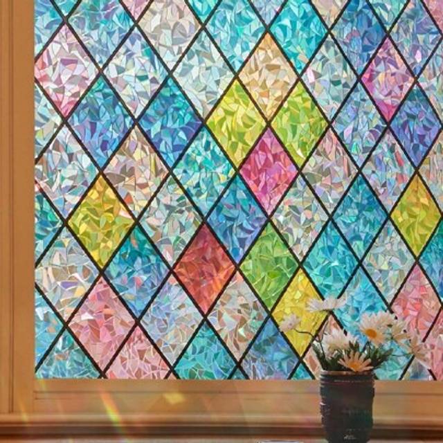 SHEIN Window Privacy Film Stained Glass Window Clings 3D Rainbow Film For Glass Door Decorative Colorful Lattice Stickers Static Cling Sun Blocking Window C