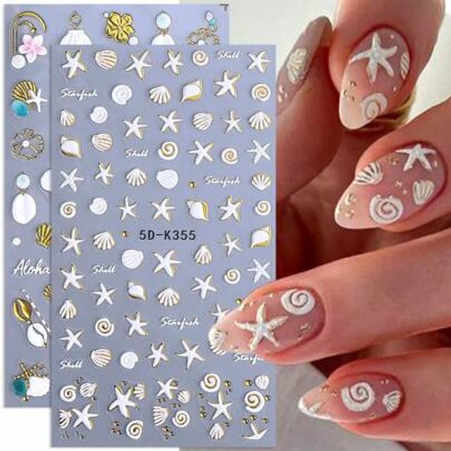 SHEIN 5D Metallic White Starfish Conch Embossed Nail Stickers 2pcs Ocean Animals Gold Line Shell Gradient Pink Petals Flowers DIY Holographic Y2K Spring Sum