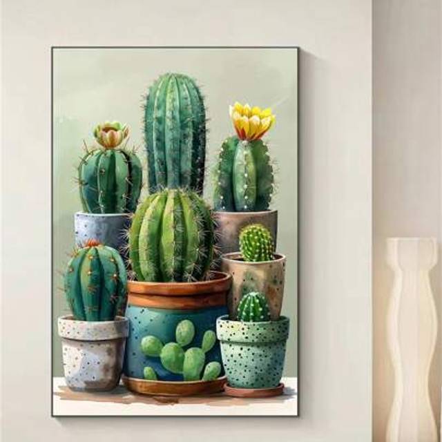 SHEIN 5D Diamond Painting Kits DIY Plant Theme, Green Succulent Cactus Art, Full Drill Acrylic Round Diamonds, Home Decor For Living Room Bedroom, Gift