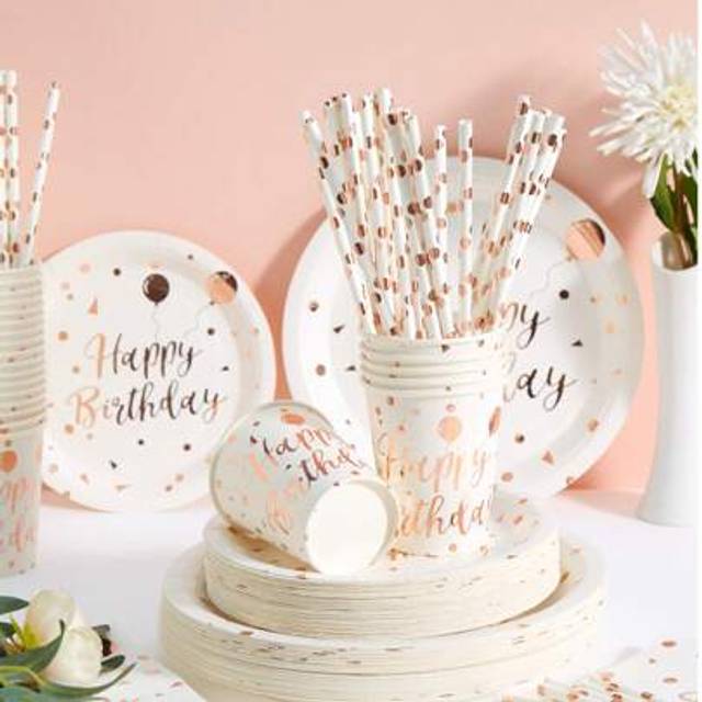 SHEIN Birthday Balloon Disposable Dinnerware Set, 7/9 Inch White And Rose Gold Disposable Plates, Cups, Straws And Napkins, Disposable Paper Plates, Napkins