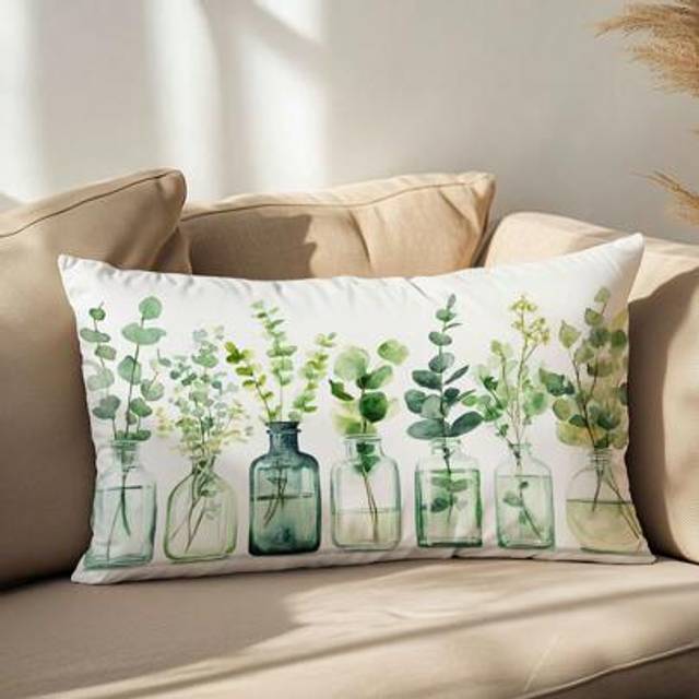 SHEIN 1pc Minimalist Watercolor Green Plant Throw Pillow Cover, One-Sided Soft Peach Fleece Fabric, 30*50CM/11.8*19.7inch Cushion Cover For Modern Sofa, Ind