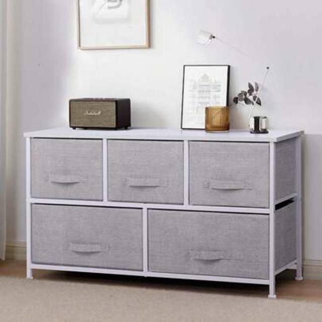 SHEIN Chest Of Drawers, 5 Fabric Drawers Storage Unit With Wooden Top And Metal Frame, Cloth Storage Organizer For Bedroom Living Room Closet Hallway