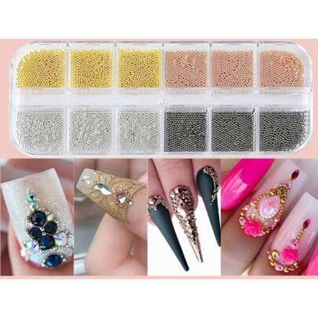 SHEIN 12Grids/Box Mixed Color Stainless Steel Metal Bead Nail Art Decoration 3D Mini Small 1Mm Caviar Ball Silver Charm Faux Pearl Manicure Nail Supplies Na