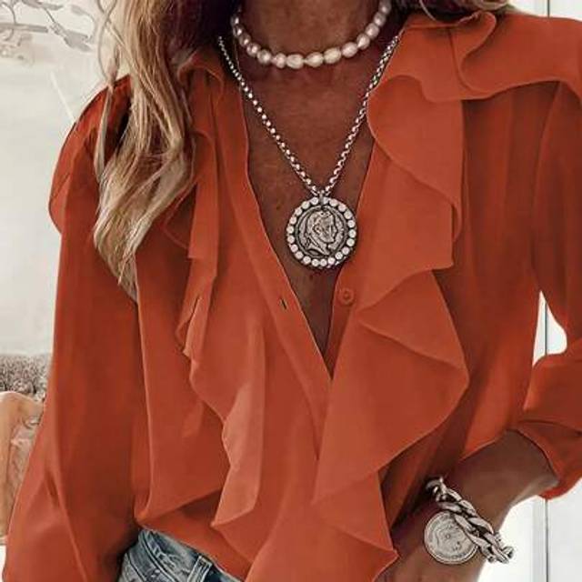 SHEIN Casual Ruffle V-Neck Long Sleeve Blouse