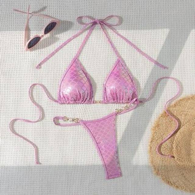 SHEIN 2025 Women&#39;s Summer Beach Mermaid Scale Print Halter Tie Up Sexy Bikini Swimwear Set, Mini Triangle