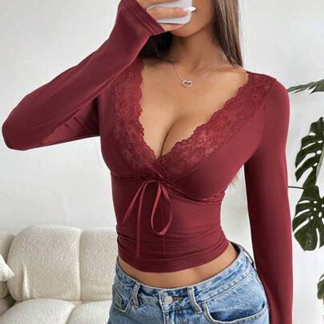 SHEIN Women&#39;s Lace Patchwork V Neck Long Sleeve Lace Tie Blouse