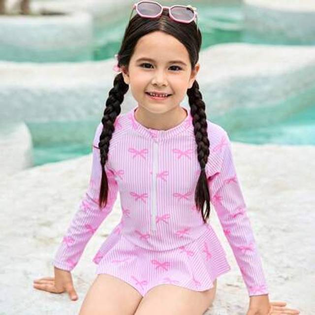 SHEIN Young Girls&#39; Bowknot And Striped Print Zipper Long Sleeve One-Piece Swimsuit Long Sleeve Girls Swimsuit Kids Swimsuits Long Sleeve Kids Swimsuit Long