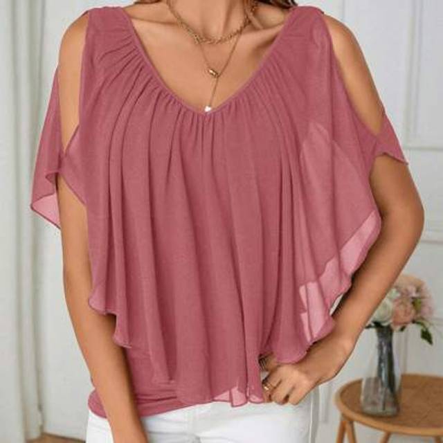 SHEIN Women&#39;s Solid Color Off Shoulder V-Neck Mesh T-Shirt, Fashionable For Summer