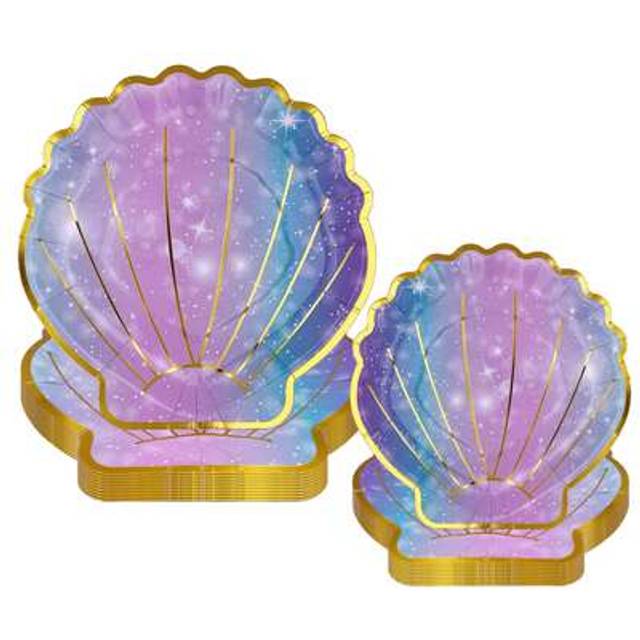 SHEIN 10pcs/20pcs Pink And Purple 7inch 9inch Mermaid Plates Seashell Paper Plates Sea Iridescent Mermaid Party Shaped Plates Disposable Holographic Foil Ca