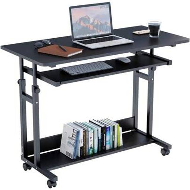SHEIN Computer Desk Mobile, Portable Office Desk With Movable Wheels, Height Adjustable Study Desk, Home Office Desk With Keyboard Tray And Shelf For Small