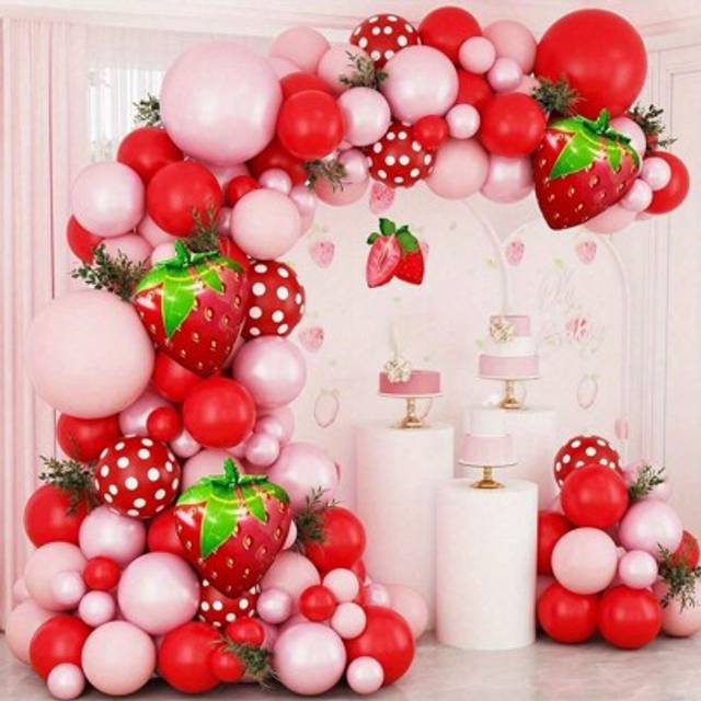 SHEIN 153pcs Strawberry Balloon Arch Kit - Red And Pink Latex And Foil Balloon For Birthday Party, Wedding, Anniversary, Indoor/Outdoor Party Decoration