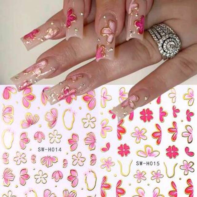 SHEIN 3D Pink Gold Hibiscus Flower Nail Stickers 2pcs Rose Red Gradient Heart Four-Leaf Clover Flower Petals Bowknot Asymmetric Metallic Stripe Lines DIY Y2
