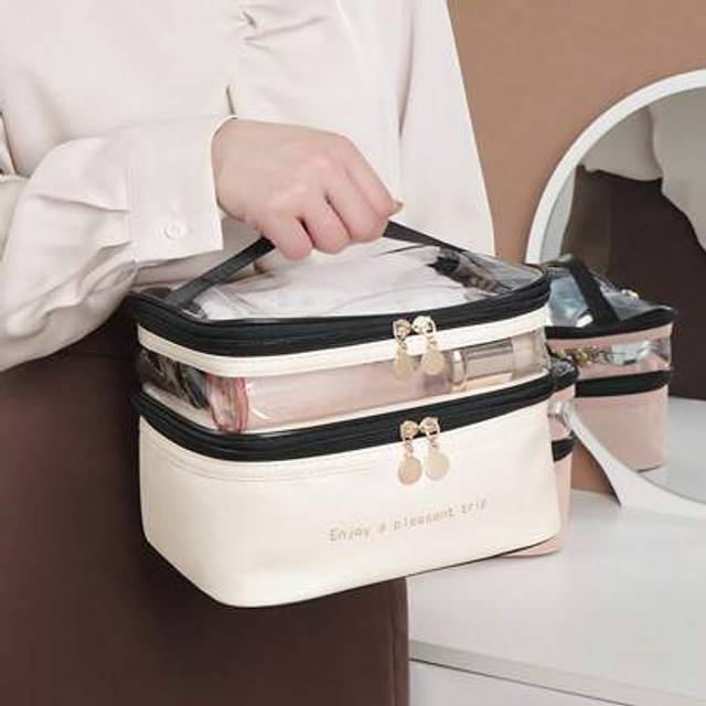SHEIN PU 2-Layers Cosmetic Bag, Solid Color Travel Transparent Multifunctional Toiletry Handheld Fashionable Waterproof Large Capacity Storage Pouch Summer