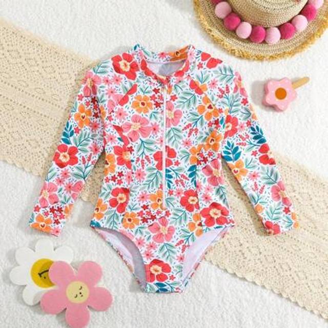 SHEIN Young Girl Tropical Floral Print Zipper Front Long Sleeve Casual T-Shirt Style One-Piece Swimsuit
