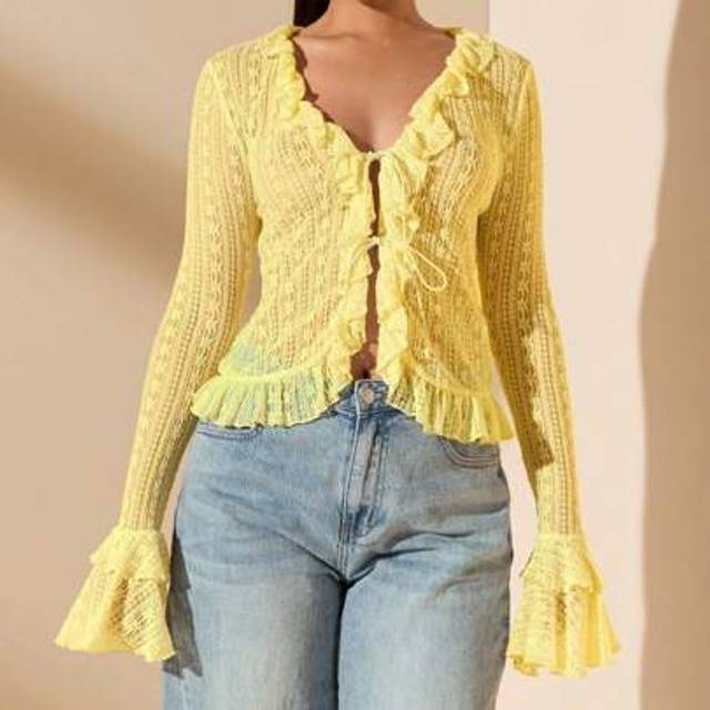 SHEIN Apricot Lace Blouse With Ruffle Trim & Tie Neck, Sexy Minimalist Design, Versatile For Spring, Summer, Date, Party, Wedding, Work And Daily Wear