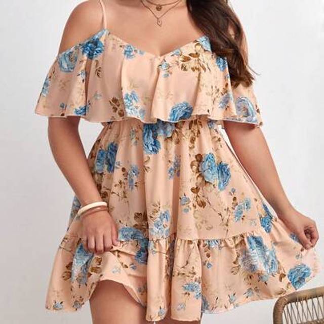 SHEIN Plus Floral Print Cold Shoulder Ruffle Hem Summer Boho Dress,Beach Dress Sundress,Holiday Outfits