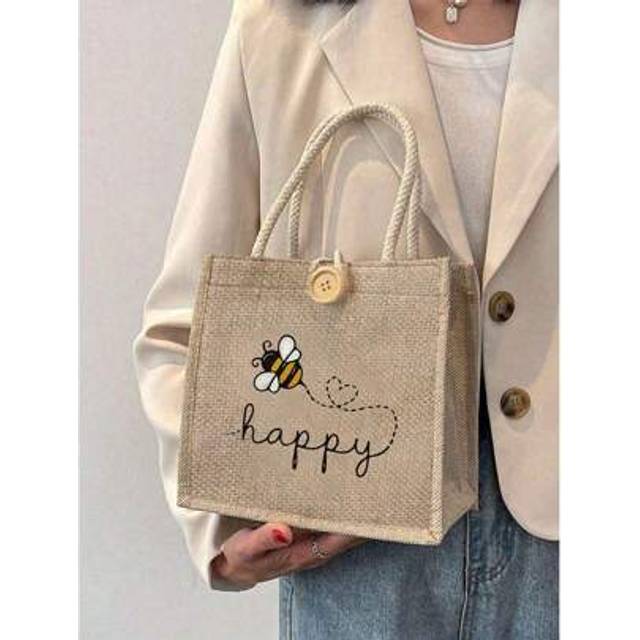 SHEIN Women&#39;s Multifunctional Tote Bag ,The Cute Pattern With Bees And Hearts Printed On It,Holiday Style Letter Design Shopping Bag, Suitable For Weddings,