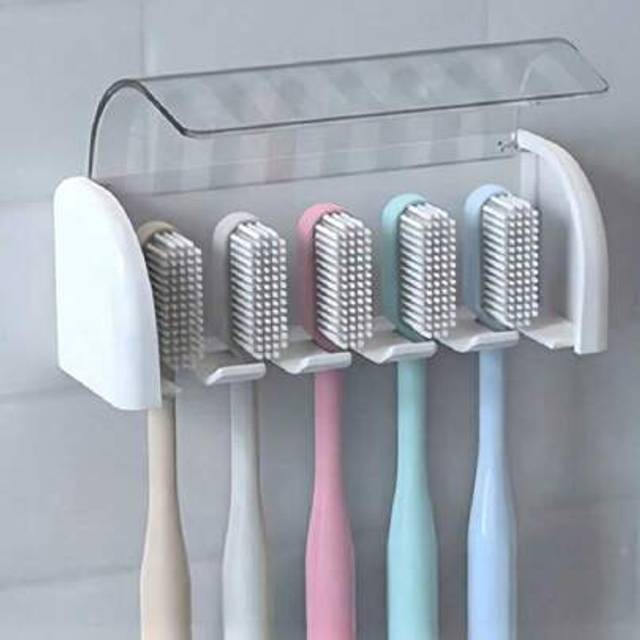 SHEIN 1pc No-Drill Wall Mounted Toothbrush Holder With Cover, Electric Toothbrush Storage Rack, Toothpaste Holder, 2/5/6 Slots Self-Adhesive Toothbrush Orga