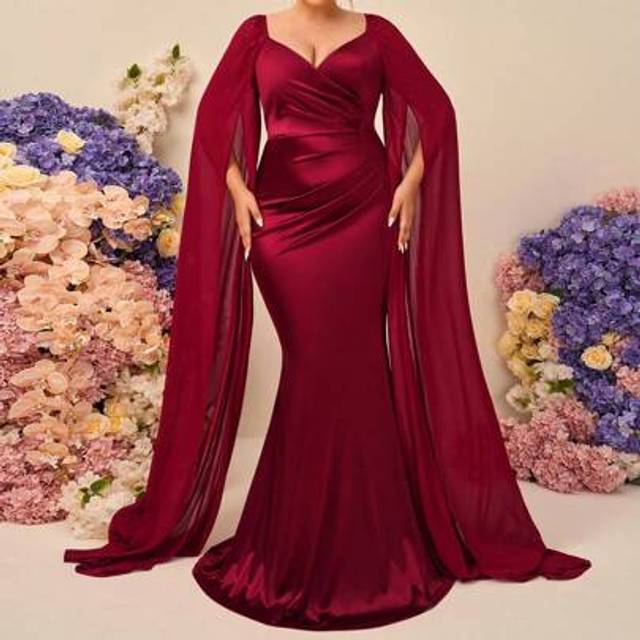 SHEIN Plus Size Elegant Romantic Red Extra Long Pearl Beaded Flared Sleeve V-Neck Ruched Maxi Bridesmaid Dress
