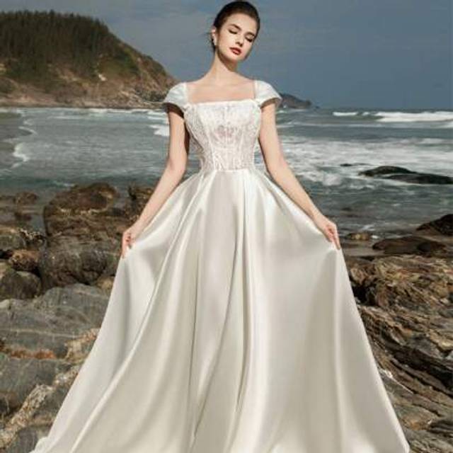 SHEIN HEARBOBO Satin One-Shoulder Baroque Vintage Lace A-Line Wedding Dresses Bridal,Bride