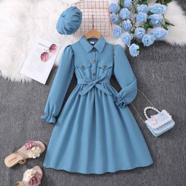 SHEIN Big Girls Long Sleeve Solid Color Polo Collar Dress With Belt And Hat