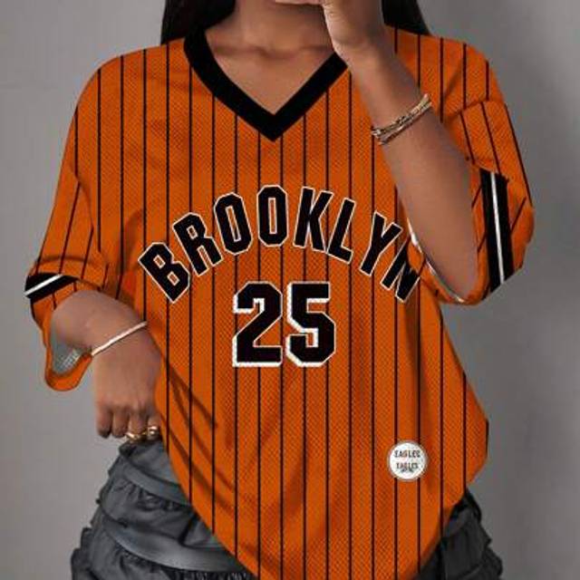 Slaydiva Casual Minimalist Letter & Number Graphic Orange Striped Brooklyn Print T-Shirt, Suitable For Women In Summer, Sports, Fitness