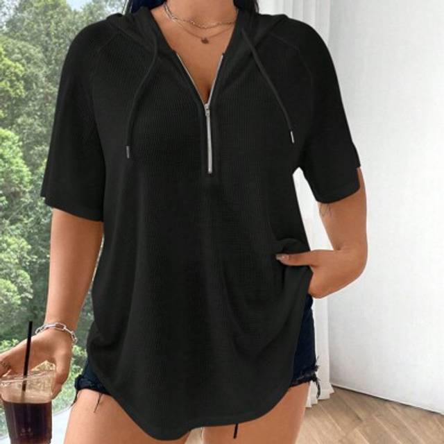SHEIN Plus Size Hooded Zip-Up Short Sleeve Plain Casual Loose Comfy T-Shirt