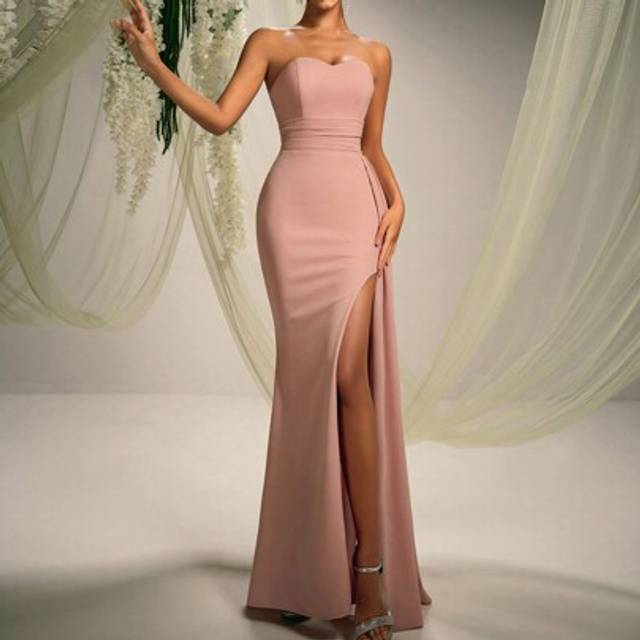SHEIN AOSHABABI Women&#39;s Watermelon Pink Strapless Side Slit Backless Zipper Formal Maxi Dress (Embellished), Suitable For All Formal Occasions, Music Festiv