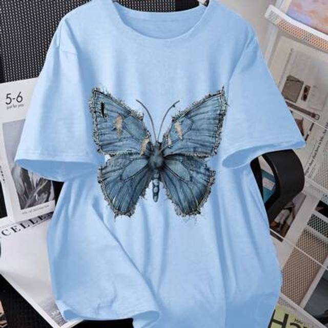 SHEIN Teen Girl Casual Butterfly Print Round Neck Short Sleeve Loose Fit T-Shirt