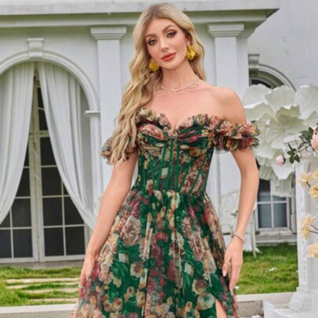 SHEIN Kexmon Elegant Romantic Handmade Floral Decor Off Shoulder Lace Long Slit Party Ball Gown Formal Evening Dress For Women, Wedding Guest Dress, Prom Dr