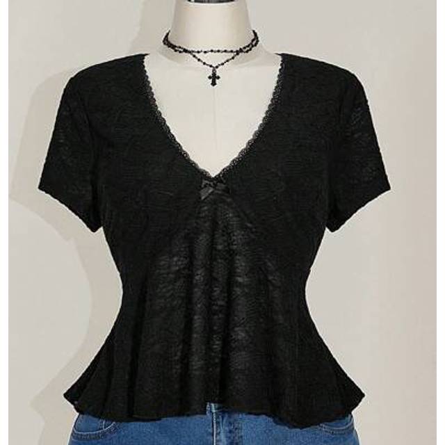 SHEIN Plus Size Black V-Neck Floral Trim Babydoll Knit Top