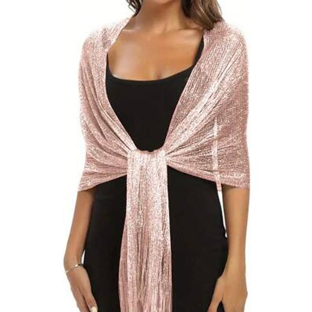 SHEIN Baby Pink Sparkling Metallic Shawl With Round Buckle Elegant Breathable Tassel Scarf Women&#39;s Party Banquet Dress Outside Shawl