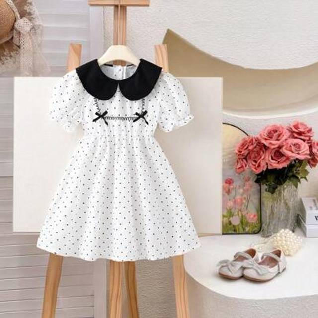 SHEIN Young Girl Summer New Peter Pan Collar Patchwork Bow Decor Spring Style Dot Printed Bubble Sleeve Casual Simple Dress