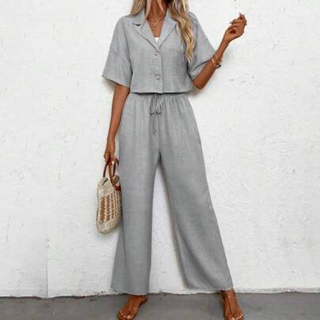 SHEIN 2pcs/Set Women Linen Solid Color Drop Shoulder Blouse And Pants Casual Suit