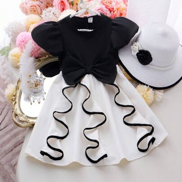 SHEIN Young Girls Summer Fashion Elegant Puffy Sleeve Ruffled Cinched Waist Formal Princess Bow Detail Dress
