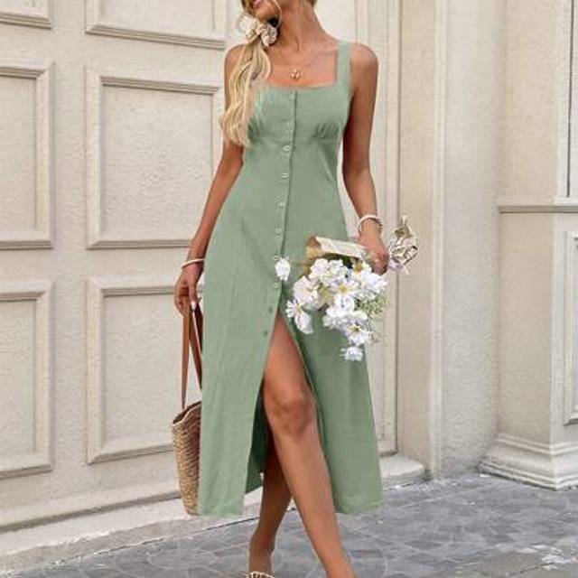 SHEIN Square Collar Pleated Bust Cups, High Slit Back Tie Bow Waist A-Line Midi Dress, Casual Resort Elegant Streetwear For Women, Made Of Cotton