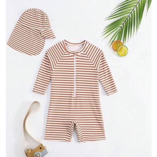 SHEIN Baby Boy Random Striped One-Piece Swimsuit With Free Swim Cap