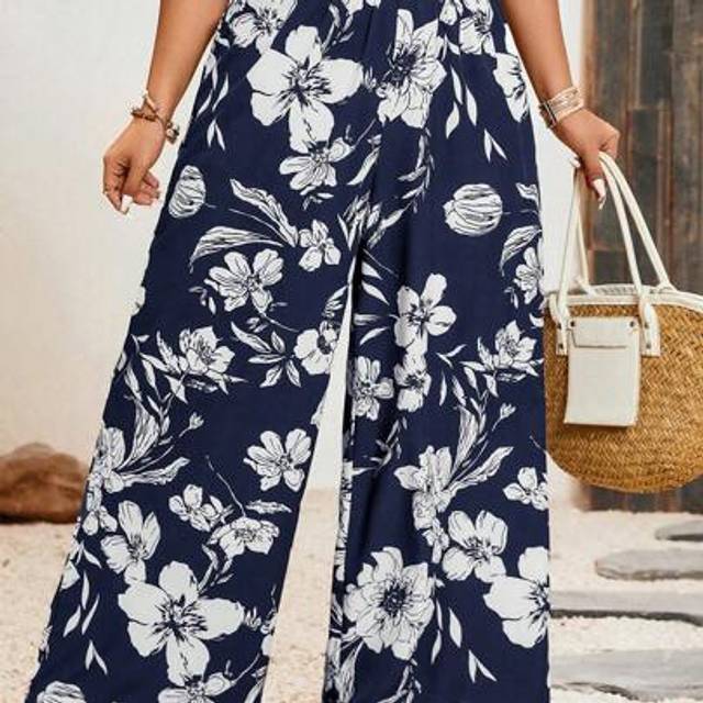 SHEIN Plus Size Casual Loose Floral Print Wide Leg Pants,Summer Pants