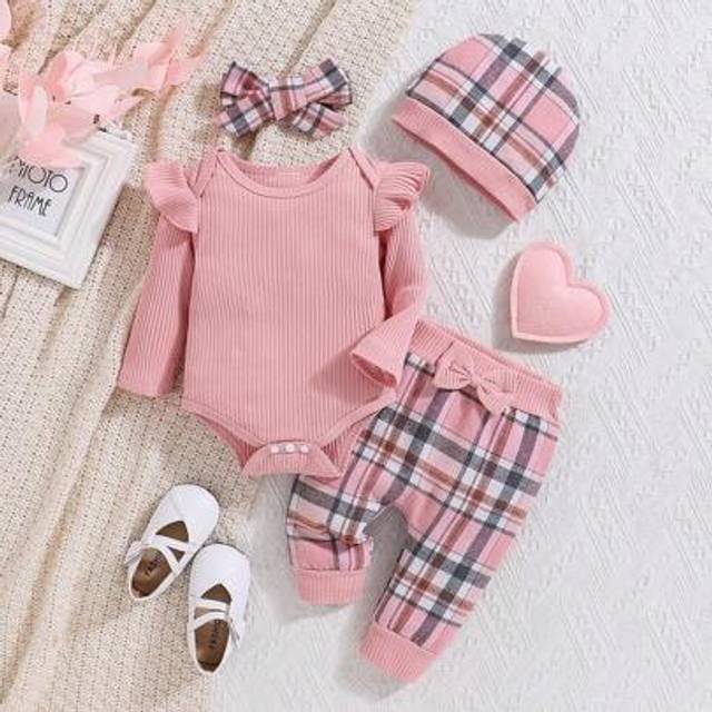 SHEIN 2pcs Baby Girl Autumn/Winter Pink Romper, Plaid Pants And Hat Set