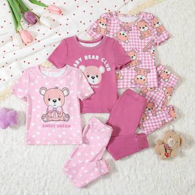 SHEIN 6pcs/Set Baby Girls Casual Cute Bear Cartoon Allover Print Short Sleeve T-Shirt And Leggings Homewear Set