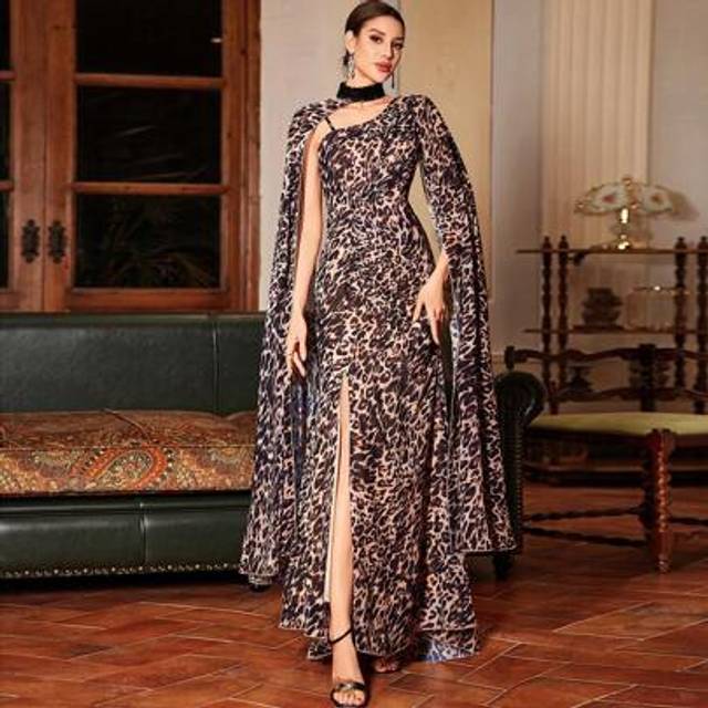 SHEIN Kexmon Luxurious Leopard Print Two-Piece Chiffon Cape & Floater Sleeve Dress Elegant Sexy Party Dress Prom Dress, Wedding Guest Gown, Formal Dress, Ev